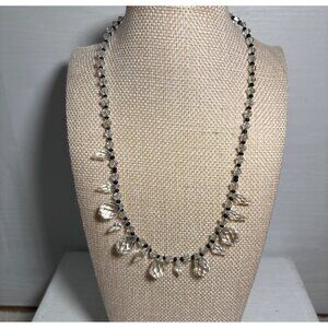 Crystal & Black Bead Necklace With Brass Clasp Vintage 16"